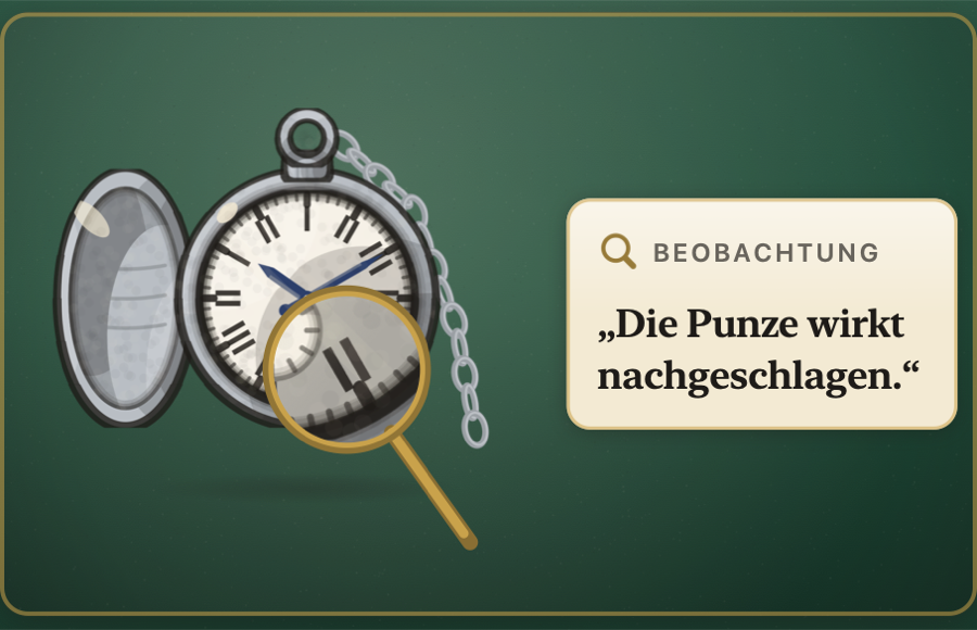 Eine Taschenuhr unter der Lupe, daneben eine Beobachtungskarte: „Die Punze wirkt nachgeschlagen.“