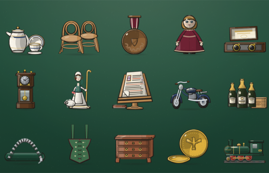 Ein Raster aus gezeichneten Objekten: Kaffeeservice, Stühle, Medaille, Puppe, Standuhr, Nähmaschine, Roller, Flaschen, Kommode, Münze, Lokomotive.